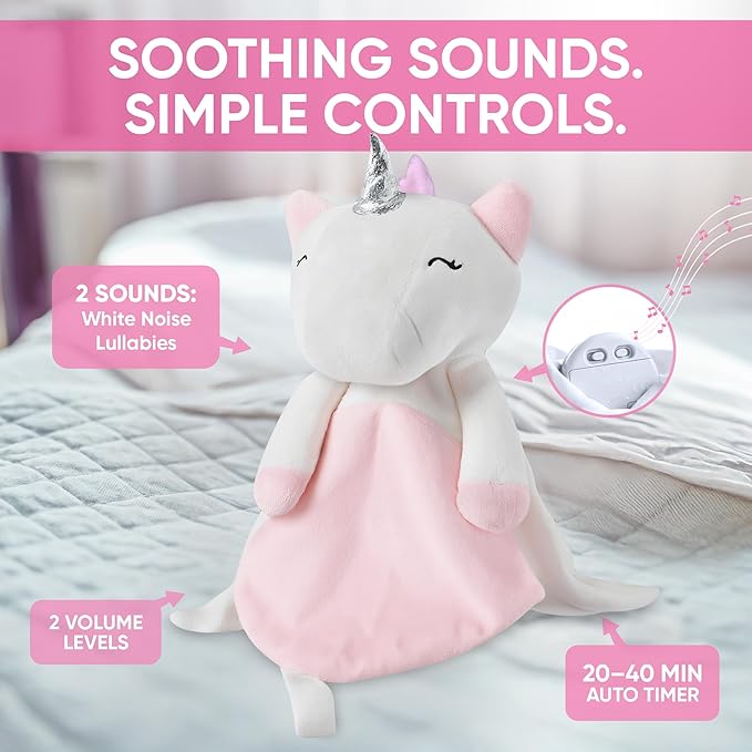 4-in-1 Sound Machine, Baby Lovey, Blanket - White Noise & Lullaby Plush Unicorn Calms & Reduces Wakeups, Helps Toddler Sleep Longer - Proven Sleep Aid -Musical BPA-Free, Machine Washable Newborn Gift