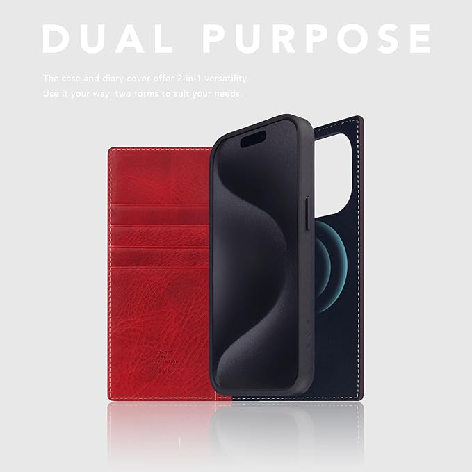 D7 Italian Wax Leather Wallet Case for iPhone 15 Pro - [2-in-1] Handcrafted Detachable Diary Style with Magnetic MagSafe Back Cover, Gift Box Included (Red)