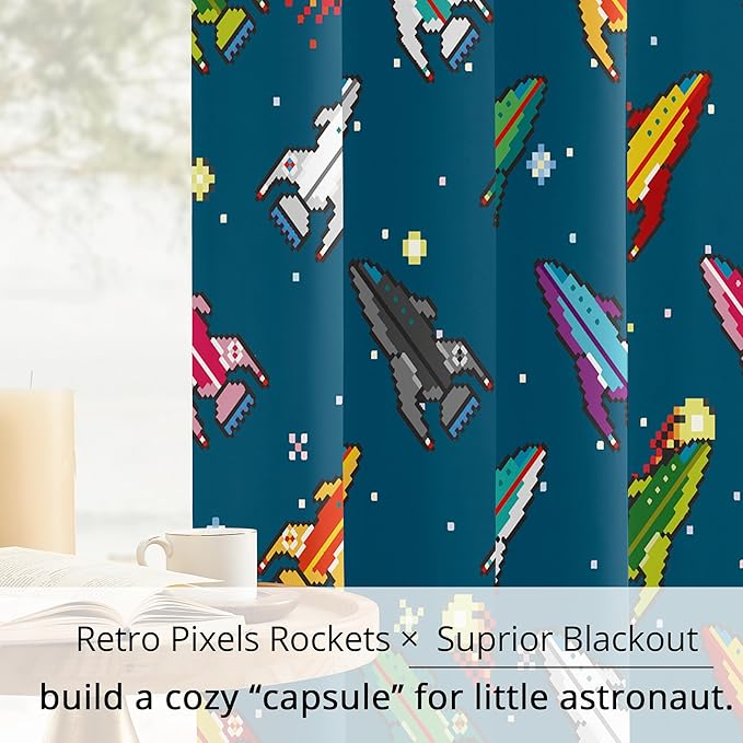 Kids Pixel Rocket Blackout Curtains - 100% Blackout, Thermal Insulated, Noise Reducing, Perfect for Kids Room and Nursery, 2 Panels (Pixel Rocket Fleet, W52×L63)
