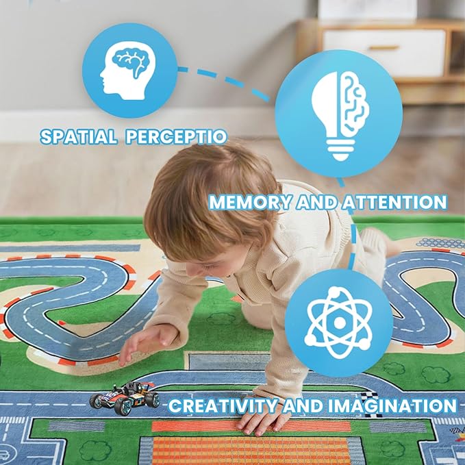 Kids Play Rug with Roads, 79"×118" Large Floor Mat Toy Cars Race Track for Classroom 1.3" Thickened Elasti-Foam Activity Education Baby Play Mat with Anti-Slip Backing