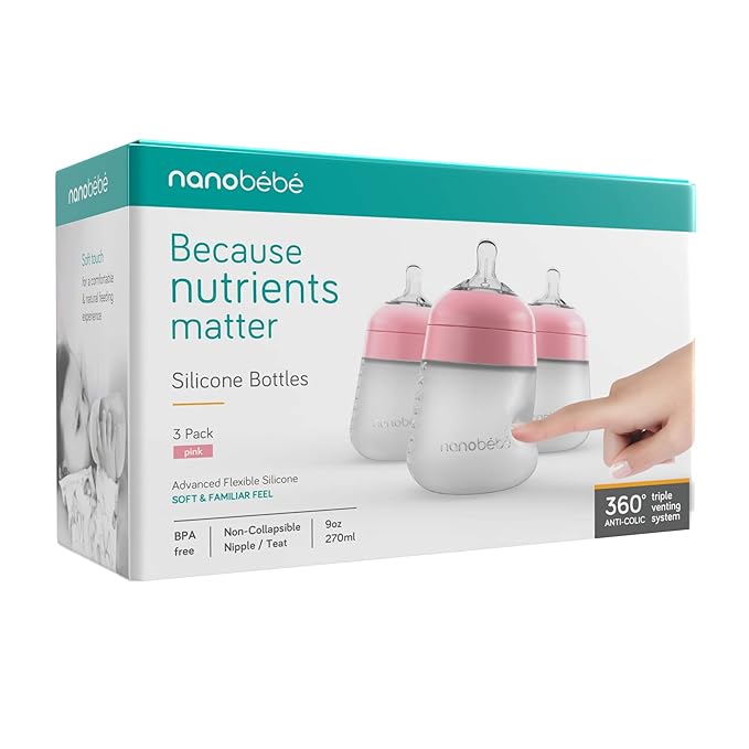 Nanobebe Flexy Silicone Baby Bottle, Anti-Colic, Natural Feel, Non-Collapsing Nipple, Non-Tip Stable Base, Easy to Clean, 3-Pack, Pink, 9oz