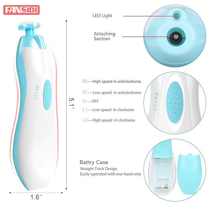 Baby Nail Clippers, FANSIDI Safe Baby Nail Trimmer Baby Nail File Electric with 10 Filing Pads 8 Sandpapers for Newborn Infant Toddler or Adult Toes Fingernails Care - AA Battery Operated (White/Blue)