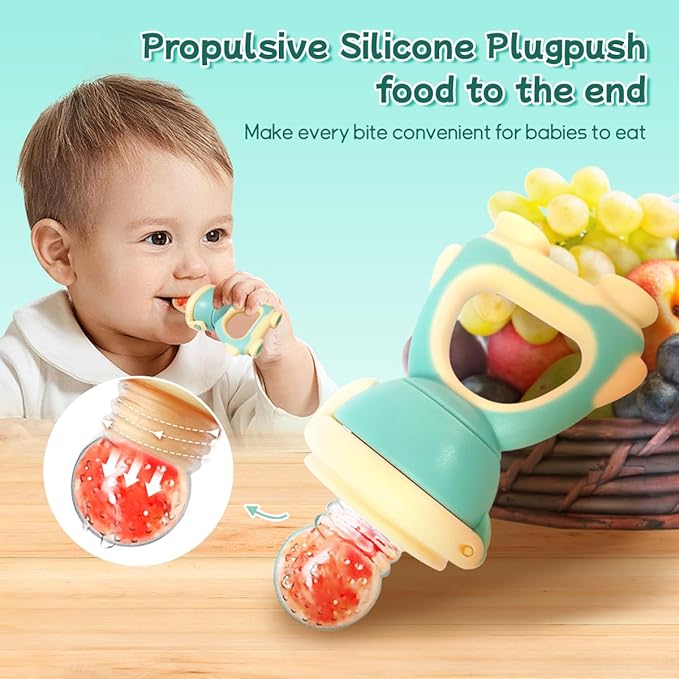 Baby Fruit Food Feeder - Silicone Nibble Tray Combo - Breastmilk Popsicle Mold for Cooling Relief, BPA Free Mesh Feeder for Infant Self Feeding (Robot Green + Pineapple)