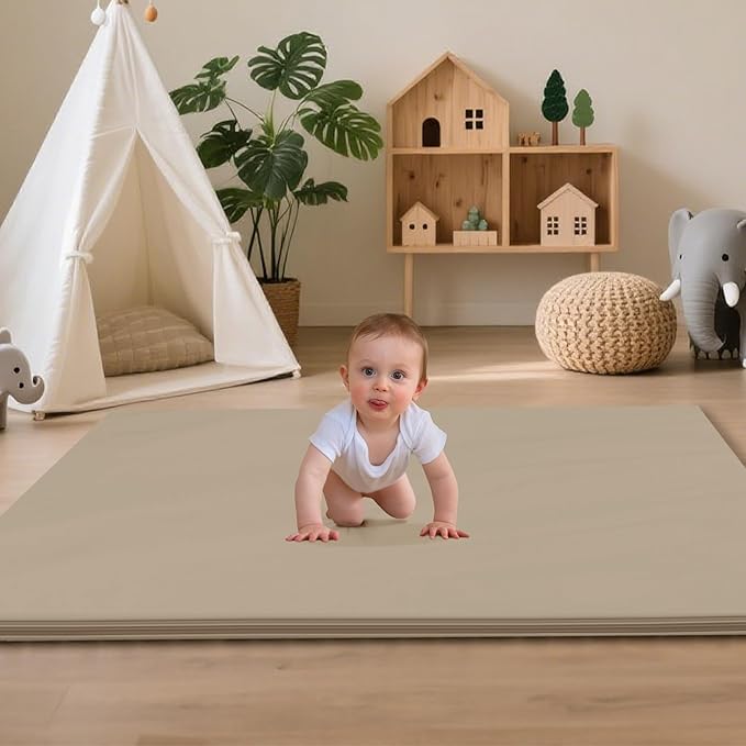 Baby Play Mat 47x47 Inches, Extra Thick 1.2" Foam Floor Mat for Tummy Time & Crawling, Waterproof Non-Slip Faux Leather Playpen Mat for Infants Toddlers, Indoor Outdoor Gym Activity, Brown