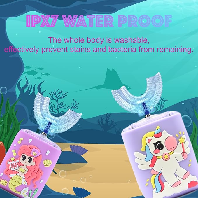 Kids Electric Toothbrush U Shaped Toddler Auto Sonic Toothbrushes with 5 Brush Head, Cartoon Unicorn Ultrasonic 360 Full Mouth Cleaning Automatic Toothbrushes for Children 2-7 Years
