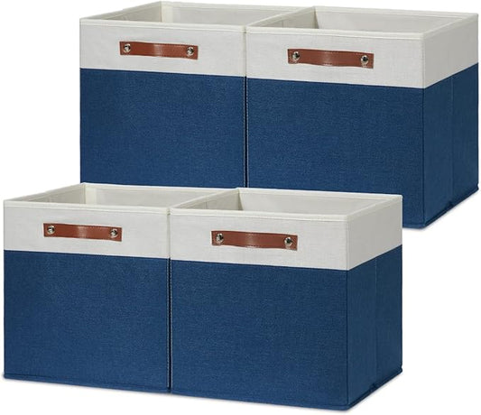 HNZIGE Fabric Storage Cubes Bins for Shelves,13x13 Storage Cubes, Set Of 4 Foldable Cubby Storage Bins for Organizing, Cloth Blue Storage Baskets for Cube Organizer Toy Nursery Shelves(Blue&White)