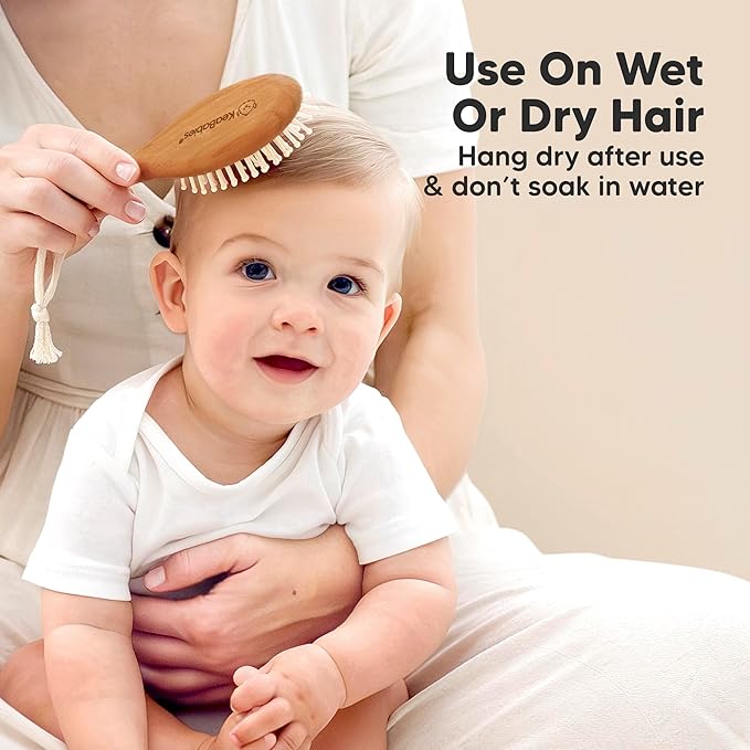 Baby Hair Brush and Comb Set for Newborn - Wooden Baby Hair Brush Set with Soft Goat Bristle, Baby Brush Set for Newborns, Baby Brush and Comb Set Girl, Boy, Toddler Cradle Cap Brush(Oval, Golden Oak)