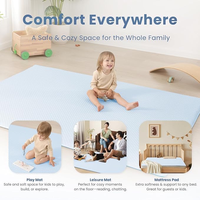 Baby Play Mat for Summer, 1.3 Thick Extra Large Memory Foam Cooling Floor Tummy Time Mat, Soft & Breathable, Non-Slip Rectangular for Toddlers’ Playtime & Rest(Light Blue,79"x118")
