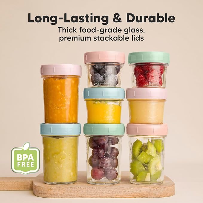 KeaBabies 4pk 8oz & 4pk 4oz Glass Baby Food Containers with Lids - Leak-Proof,Microwavable Small Glass Jars,Baby Purees & Toddler Snack Storage Containers,BPA-Free,Dishwasher & Freezer Safe(Musk Dusk)