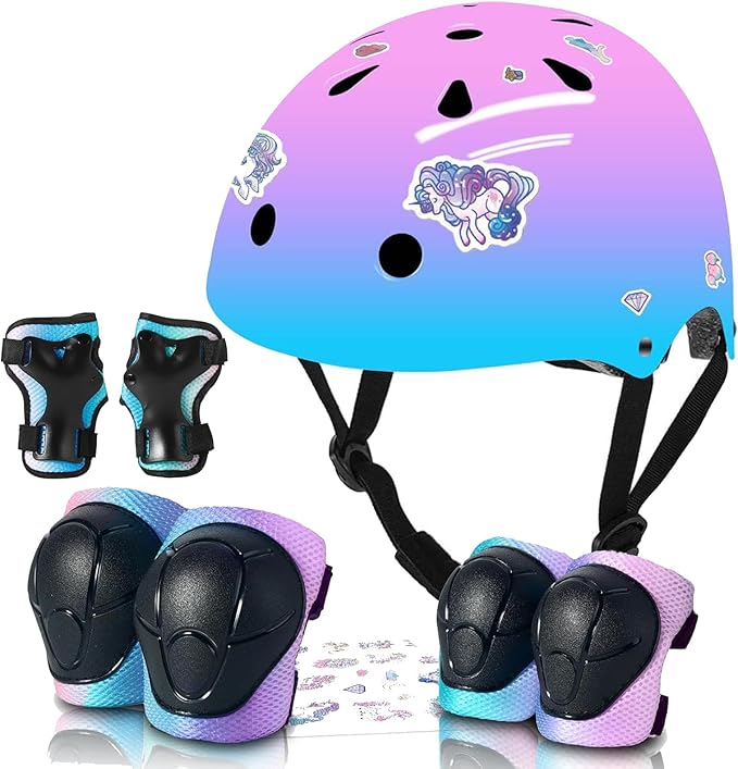 Adjustable Kids Bike Helmet with Knee & Elbow Pads Set, Color Gradient Design for Boys and Girls Aged 3-14+, for Skateboarding, Scooter, Roller & Inline Skating, Longboard