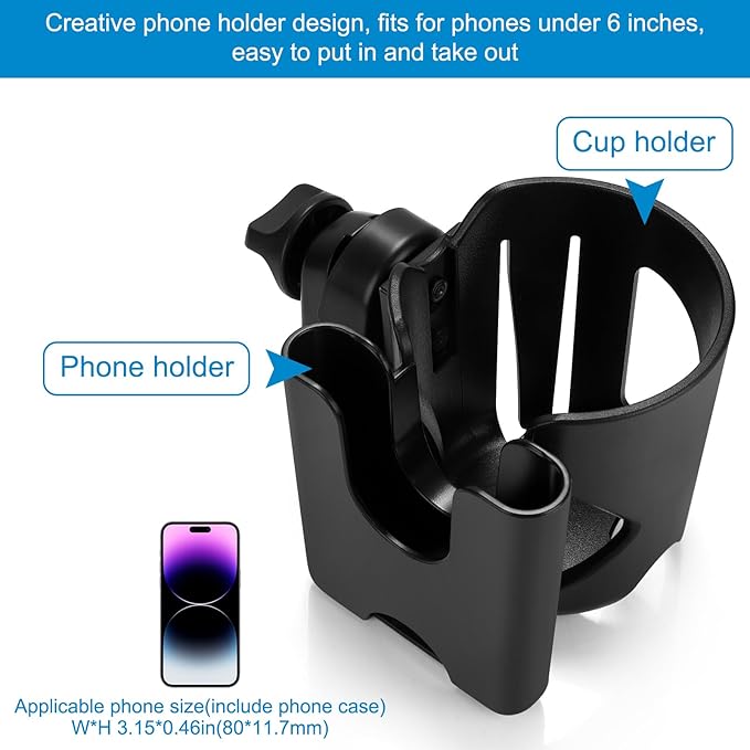 Accmor Universal Cup Holder, Stroller Cup Holder with Phone Holder, 360° Rotatable Large Caliber Designed Bottle Holder for Stroller, Bike, Wheelchair, Walker, Scooter