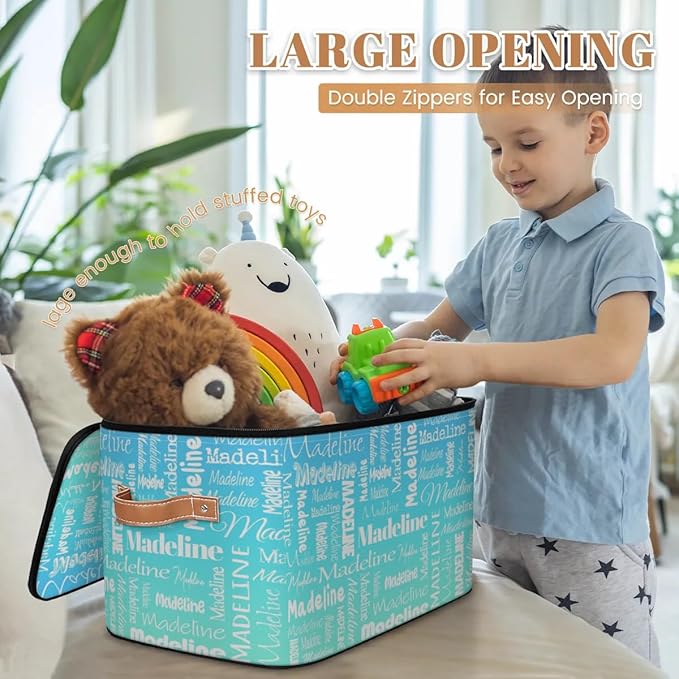 Custom Storage Basket with Name, Personalized Storage Bins with Zipper Lid, Foldable Fabric Storage Box Large capacity with Handle Blue Green Gradient