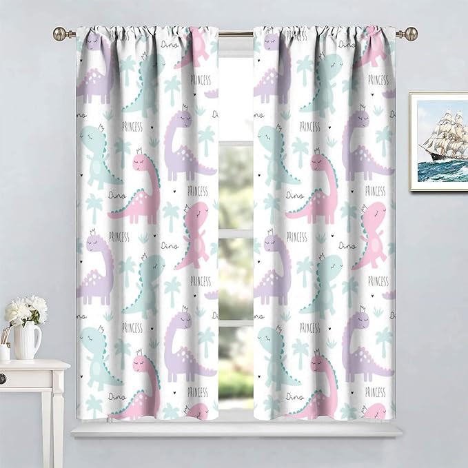 Kids Dinosaur Curtains for Boys Girls Bedroom Decor Cartoon Dino Colorful Cute Funny Animal Wildlife Printed Blackout Rod Pocket Window Drapes for Baby Nursery Playroom W42xL84in 2 Panels