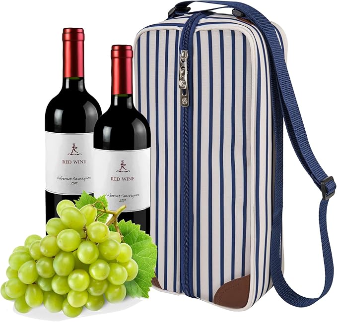 ALLCAMP Wine Tote Bag with Cooler Compartment，Picnic Set Carrying Two Sets of Tableware（Blue Stripe）