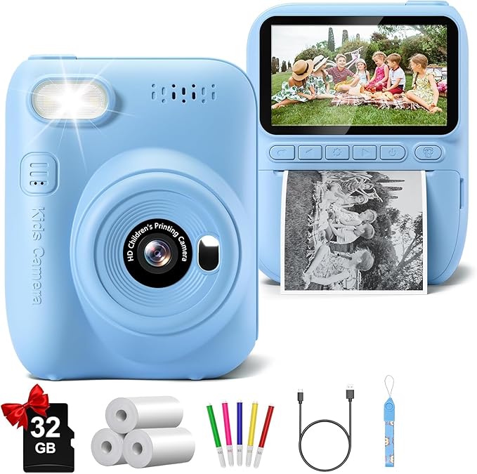 Kids Camera Instant Print, 3.0" HD 32MP Birthday Gifts for 3-12 Year Old Girls Boys, 1080P Digital Camera for Toddler Children, Portable Toy with 32GB SD Card-Blue