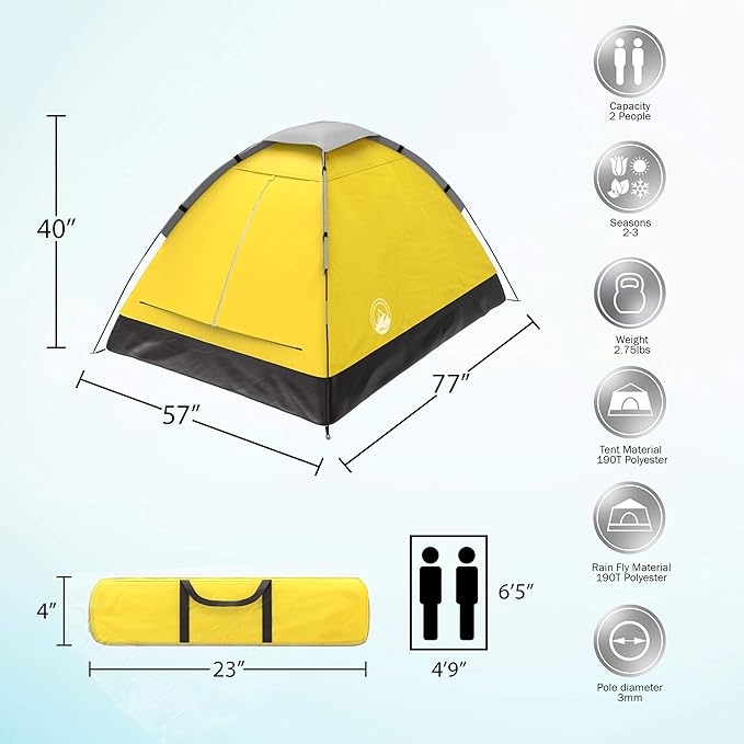 2-Person Dome Tent – Easy Set Up Shelter with Rain Fly and Carrying Bag for Camping