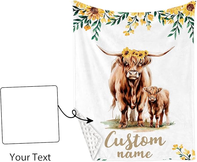 Custom Name Crib Bedding Set - Highland Cow Theme, Personalized Yellow Floral Nursery Bedding 3-Piece Set– Soft Blanket, Fitted Sheet, Changing Pad Cover – for Newborns Girls Nursery Gifts