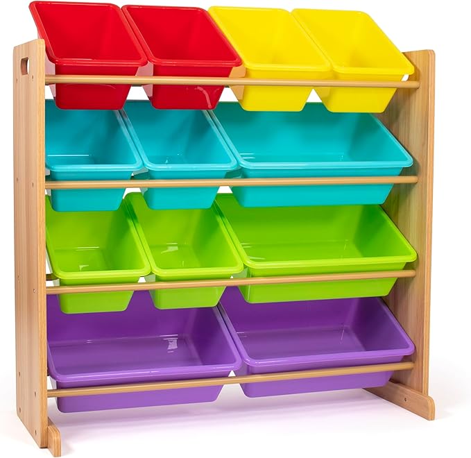Humble Crew Kids Toy Storage Organizer with 12 Plastic Bins, Natural Wood/Rainbow – Removable Bins for Playroom, Bedroom, Toddler Furniture for Boys and Girls Ages