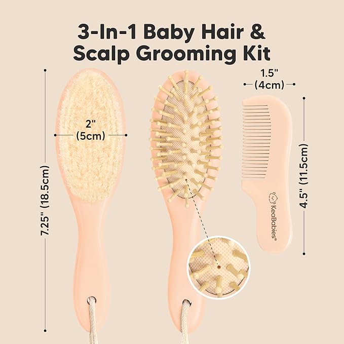Baby Hair Brush and Comb Set for Newborn - Wooden Baby Hair Brush Set with Soft Goat Bristle, Baby Brush Set for Newborns, Baby Brush and Comb Set Girl, Boy, Toddler Cradle Cap Brush (Oval, Peach)