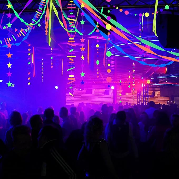 700ft Neon Paper Garland Glow in Dark Paper Streamers UV Reactive Round Dot Star Kit Banners for Neon Party Supplies, Wedding Decorations, Birthday Parties