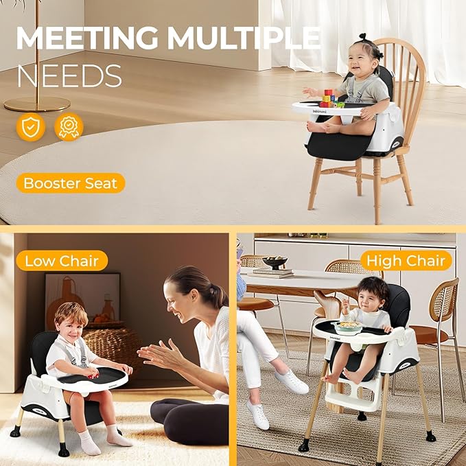 3 in 1 High Chairs, Convertible High Chair for Babies and Toddlers, High Chair with Foot Rest and Double Tray, Compact and Versatile, for Growing Kids, Black