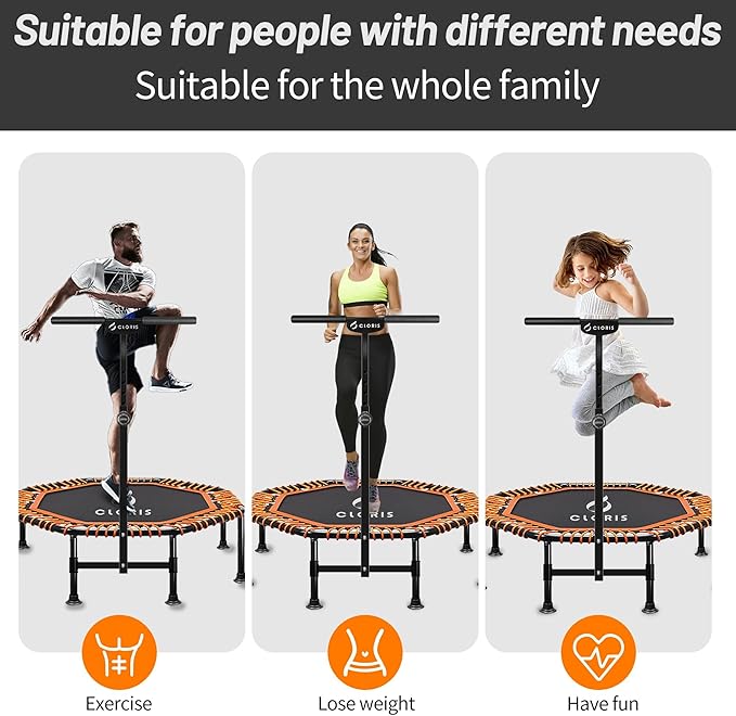 CLORIS 38in/48in Folding Trampoline - Max Load 220lbs / 450lbs Mini Trampoline Rebounder Trampoline for Adults with Adjustable Foam Handle, with safty Padded Cover Best Gift for Kids/Adult