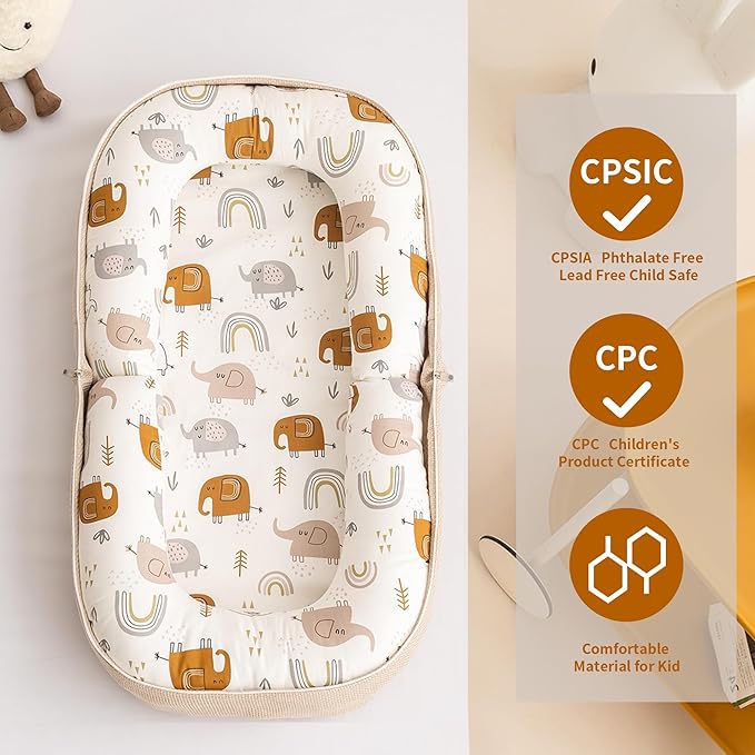 Baby Lounger, Foldable Infant Nest Pillow with Soft Memory Foam Mat, Cover with Adorable Pattern, Converts to Backpack for Easy Travel, 0-12 Months, White