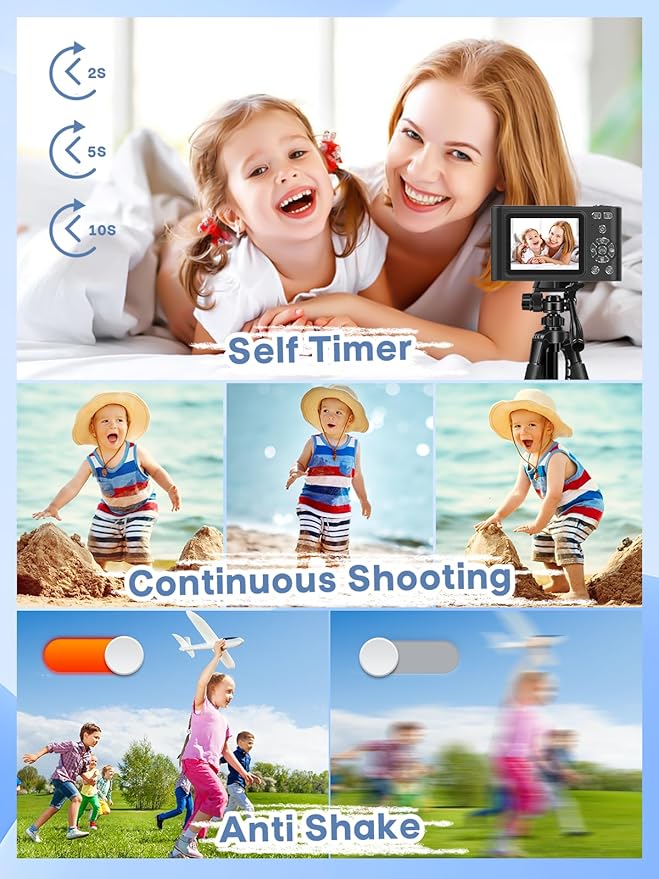 Digital Camera, 44MP Full HD 1080P Point and Shoot Camera with 64GB Card, Anti Shake 16X Zoom Compact Volg Cameras, Portable Small Camara Gift for Kids, Ages Teen Girl Boy - Black