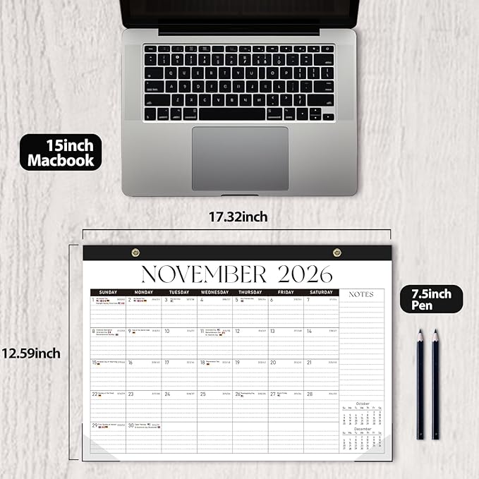 Desk Calendar 2025-2026, Monthly Desktop Large Calendar Runs Until December 2026 17" x 12" Desk Wall Planner for Family Office Teacher School, Black-White