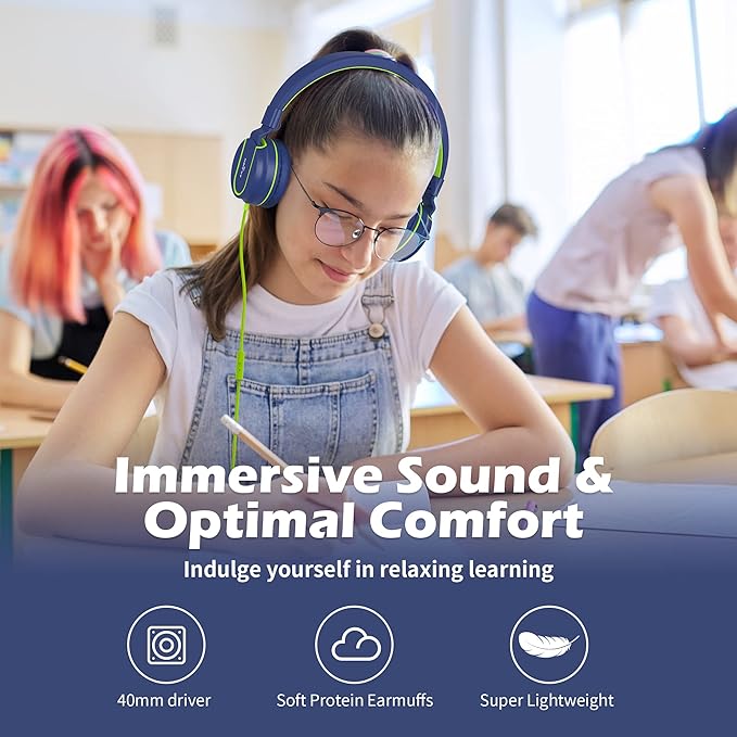 AILIHEN Kids Headphones, I35 On-Ear Headphones for School, Safe Volume 93dB, HD Mic Stereo Headphone for Kid Girls Boys, Foldable 3.5mm Wired for Chromebook, Laptop, Computer, Tablet (Blue Green)