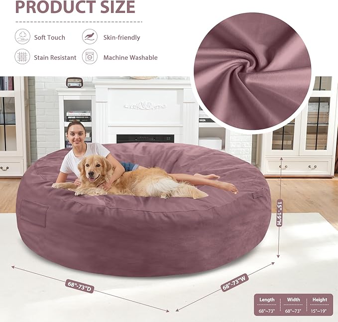 7FT Bean Bag Chair, Large Bean Bag Chairs with Memory Foam Filled, Fluffy Beanbag Sofa with Dutch Velvet Cover, Round BeanBag Chairs for Living Room, Playroom - Dusty Pink
