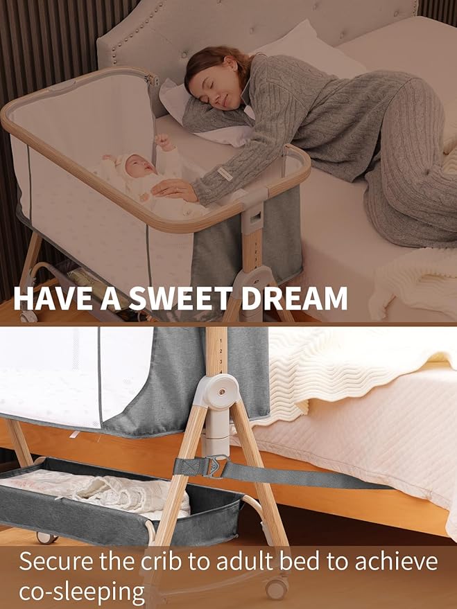 Baby Bassinet Bedside Sleeper - 3 in 1 Bassinets with Waterproof Sheets, Soft Mattress and Breathable Mesh, Adjustable Height Bedside Bassinet for Baby with Wheels, Storage Basket, Gray