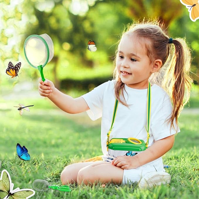 2 Set Bug Catcher for Kids- Educational Bug Catching Kit Including Butterfly Net, Insect Clip, Tweezer, Outdoor Toys for Kids Ages 3-10 (Green)