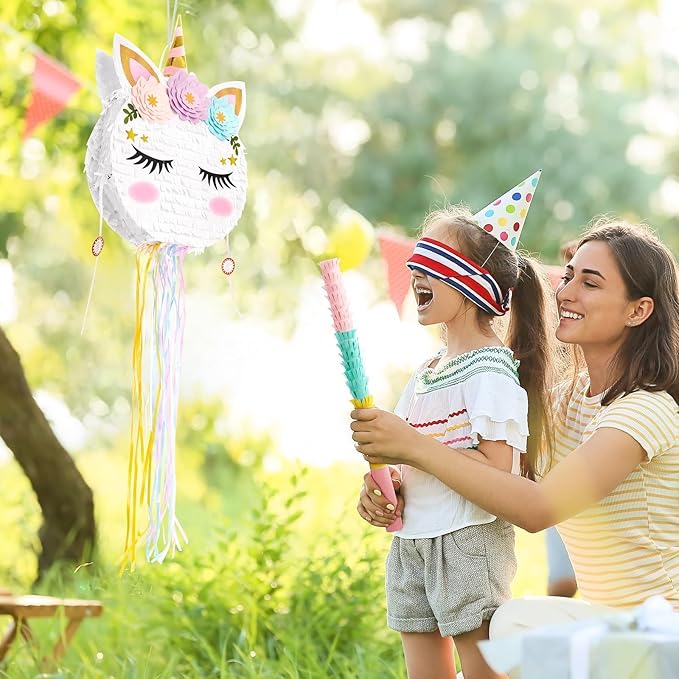 Foldable Unicorn Piñata - Unicorn Birthday Party Supplies Extendable Piñata with Blindfold Bat and Tassels Unicorn Birthday Party Decoration Games Folding Pink Unicorn Piñatas for Kids Classroom Game