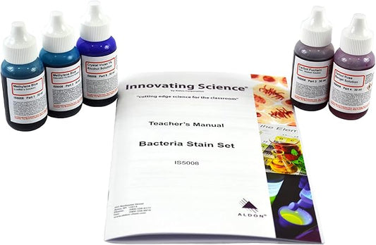 ALDON Innovating Science Bacteria Stain Set - 5 Microscope Slide Stains in 30mL Dropper Bottles: Methylene Blue (2), Carbol Fuchsin, Carbol Rose Bengal, Crystal Violate