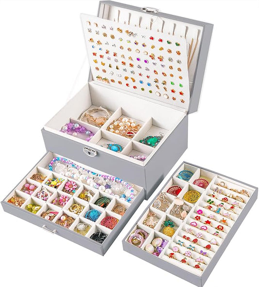 Earring Jewelry Box for Women Girls Stud Organizer, 5 Layers Grey Jewelry Organizer Box With Lock Earring Holder Organizer Ring and Necklace Jewelry Box with Earrings Holder for Women Girls