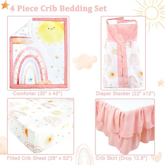 4-Piece Crib Bedding Set for Girls, Includes Comforter, Fitted Crib Sheet, Crib Skirt, and Diaper Stacker, Pink Rainbow