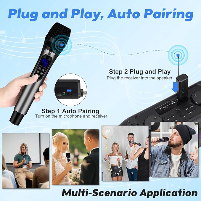 HOTEC Wireless Microphones Dual UHF Handheld Mic System with Echo/Volume Control, Rechargeable Receiver for Karaoke Church Wedding Party Speech, Compatible PA System, Karaoke Machine, and Mixer