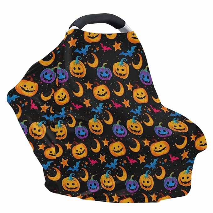 Binienty Galaxy Pumpkin Bats Moon Car Seat Covers for Babies, Halloween Decoration,Halloween Pumpkin Nursing Cover Breastfeeding Scarf, Stretch Baby Carseat Canopy
