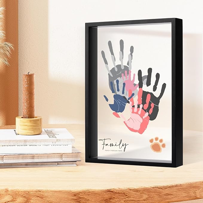 Family Handprint Kit,DIY Colorful Craft Keepsake Art Baby Newborn Hand and Footprint Wooden Frame for Home Decor New Mother Gifts Set(5 Sheets with 8 Colors) (Black)
