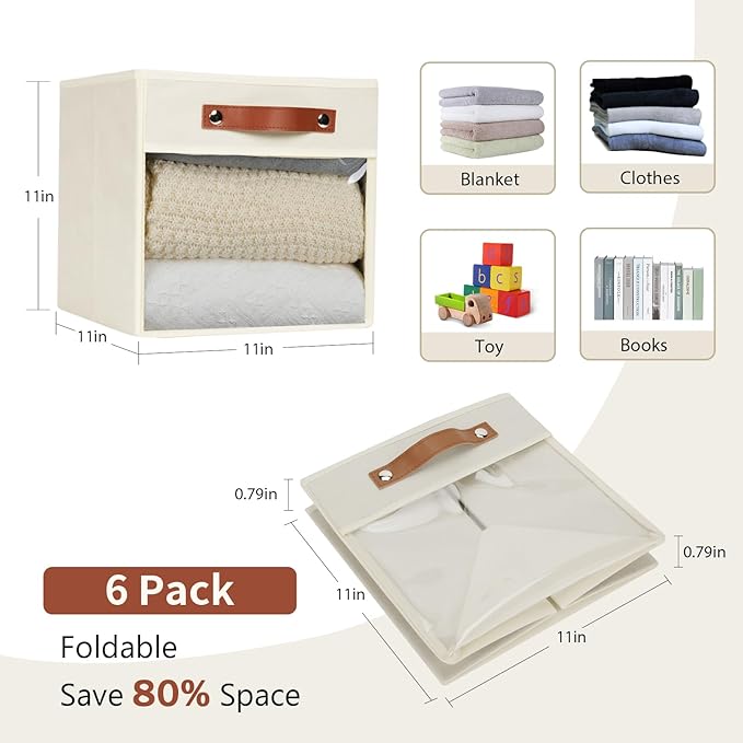 HNZIGE 11 x 11 Storage Cubes Bins for Storage Organizer,Shelf Fabric Storage Bin for Cube Organizer, Canvas Cloth Bin,Cubby Decorative Cube Organizer Bin for Cube Storage Blanket Home(Cream 6 PCS)
