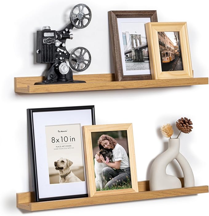 Fun Memories Picture Ledge Shelf, 24 Inch Floating Shelves Set of 2, Nursery Book Shelves for Toys Storage, Kids Bookshelf Wall Mounted for Wall Decor Books Photo Frames, Oak