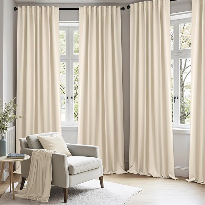 ANRODUO Back Tab Blackout Curtains for Bedroom Living Room, Rod Pocket Pinch Pleated Thermal Insulated Room Darkening Curtains 108 Inches Long 2 Panels, Cream Beige, 52 x 108 Inch