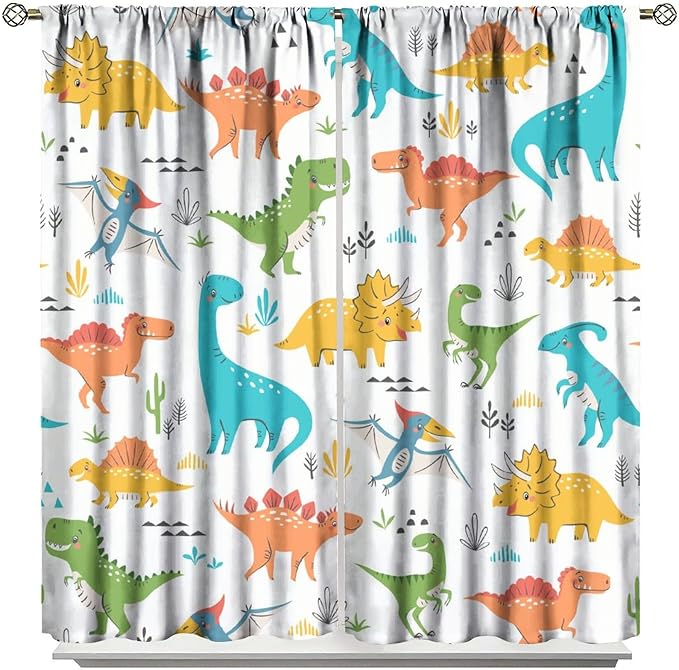 Kids Dinosaur Curtains for Boy Girl Bedroom Decor Cartoon Dino Colorful Cute Funny Animal Wildlife Printed Blackout Rod Pocket Window Drapes for Baby Nursery Playroom Living Room W21xL54in 2 Panels