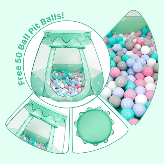 Baby Ball Pit for Toddler with 50 Balls, Pop Up Tent Kids with Star Lights for 1 2 3 Year Old Birthday Gift, 12-18 Months Baby Girl Toys with Carrying Bag, Indoor&Outdoor Play Tent for Kids(Green)