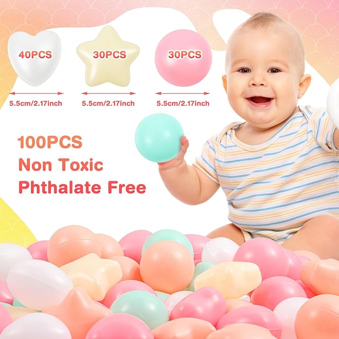 100 Pieces Ball Pit Balls for Kids Star Heart Shape Plastic Balls for Toddler Playpen 2.17'' Play Toy Ball for Inflatable Pool Friendship Bracelet Birthday Banner T-Swift-Themed Party