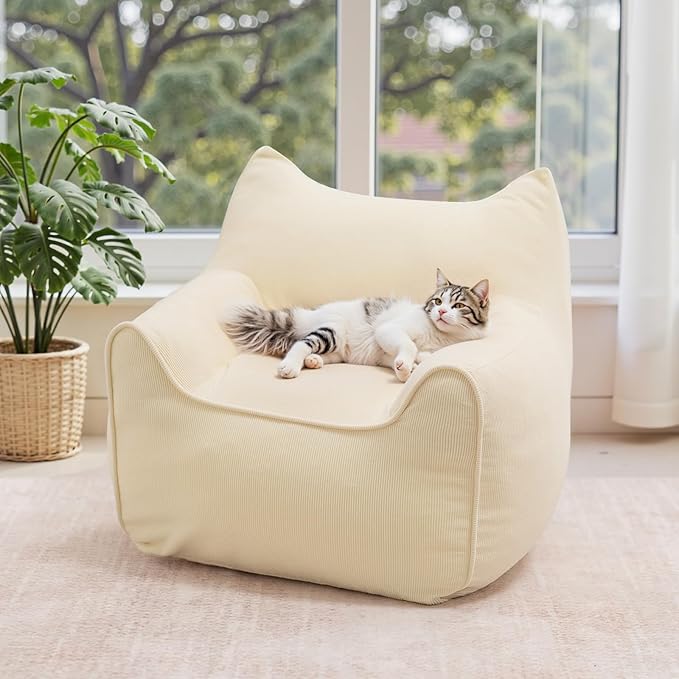 HOMMPA Bean Bag Chair for Kids Stuffed Toddler Bean Bag Sofa with Pocket Filler Cat Shaped Bean Bag Chair Boys and Girls Baby Lazy Floor Sofa Chair for Gaming Reading Playing Beige