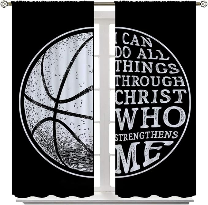 Basketball Blackout Curtains for Boy Girl Room Darkening Decor,Sport Theme and White Motto Dark Background Bedroom Living Room Home Rod Pocket Thermal Insulated Window Curtain/Drapes Panel,42x45 Inch…