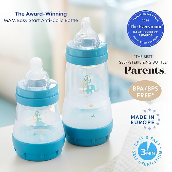 MAM Easy Start Anti-Colic Baby Bottles, Extra Slow Flow, Breastfeeding-Like Silicone Nipple Bottle, Reduces Colic, Gas, & Reflux, Easy-to-Clean, BPA-Free, Vented Baby Bottles for Newborns, 0-3 Months