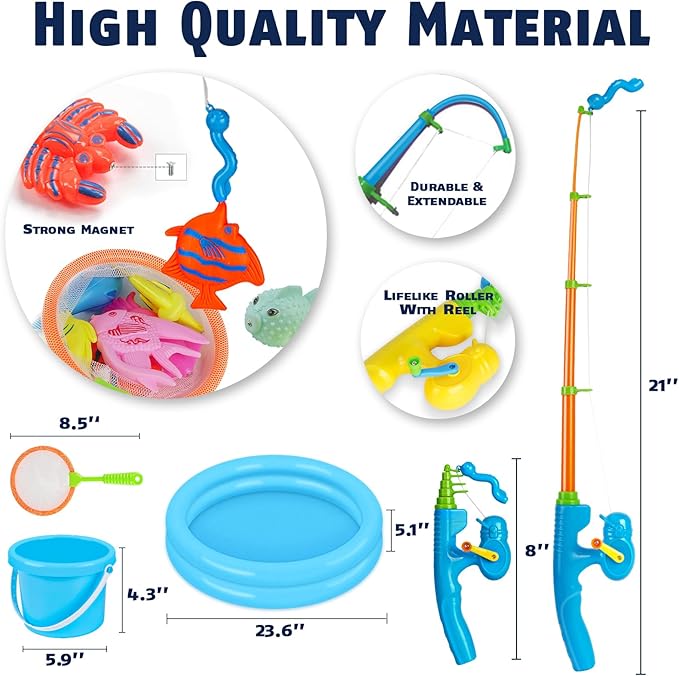 CozyBomB™ Magnetic Fishing Toys Game Set for Kids | Water Table Bathtub Kiddie Pool Party & Pole Rod Net, Plastic Floating Fish Toddler Color Ocean Sea Animals Birthday Age 3 4 5 6 Year